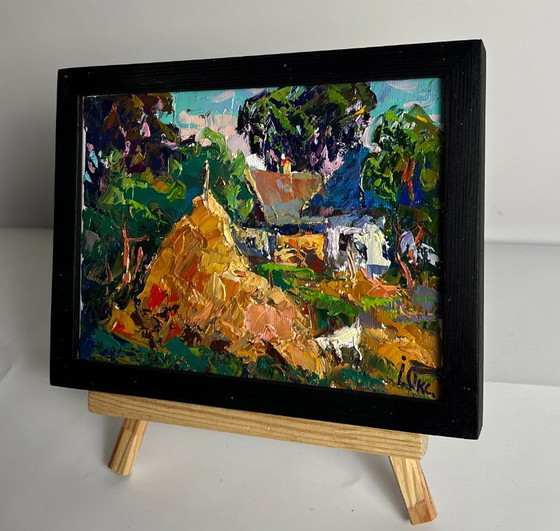 Image 1 of Original Oil Painting Rural Landscape Village The Goat in the Courtyard