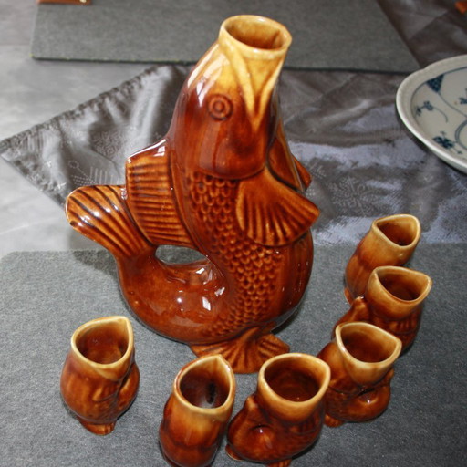 Service à poissons en porcelaine – Carafe et 6 verres – Design vintage