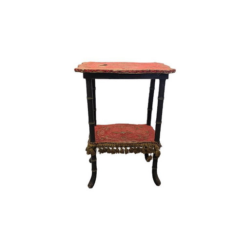 Antique Upholstered Side Table with Faux Bamboo Legs, 19th Century – bijzettafels, Wood