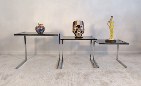 Image 1 of 😍✨ Set of 3 vintage chrome and smoked glass nesting tables, Roche Bobois / Guy Lefèvre style – 1970s ✨😍