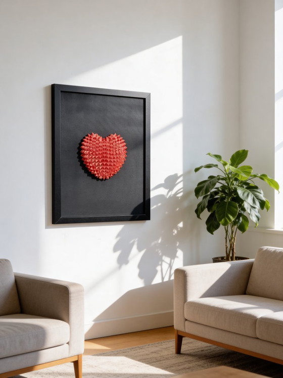 Image 1 of Décoration murale géométrique en forme de cœur 3D – Sculpture rouge en PLA sur toile noire (encadrée)