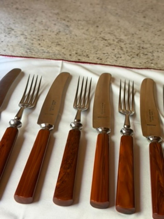 Vintage Carl Voos Solingen German Flatware Set - 12 Piece MCM Knife And Fork Set - Rostfrei Stainless Steel (photo 27 of 32)