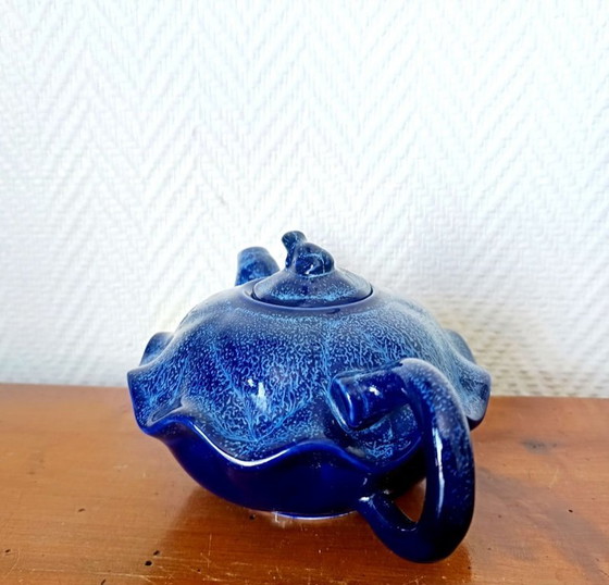 Image 1 of Art Deco blue ceramic teapot with frog