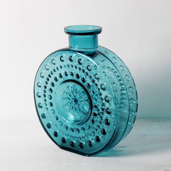 Image 1 of Large Vintage Teal Sunburst Blue Bubble Glass Vase / Erich Jachmann for WMF / 1960s