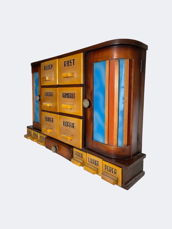 Image 1 of Art Deco keukenkastje met lades voor kruiden - Antiek geschilderd glas en hout, wanddecoratie voor kruiden.