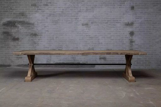 Table De Ferme En Chêne Massif Ancien Pieds Étoile - Length 200 Cm