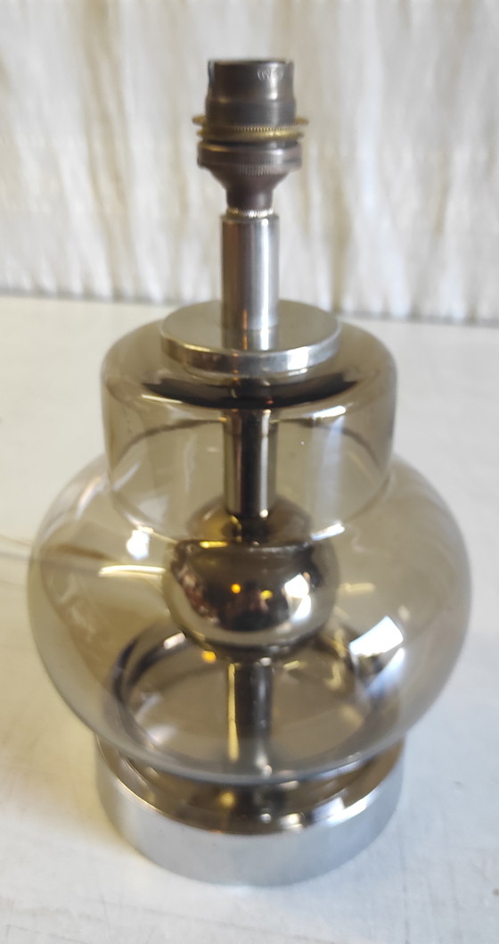 Image 1 of Space Age table lamp base in chromed metal and smoked glass - 1970s