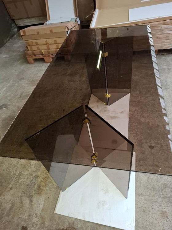 Hollywood Regency Dining Table / Desk – Smoked Glass & Brass (Pace Style) – NEW (photo 10 of 10)