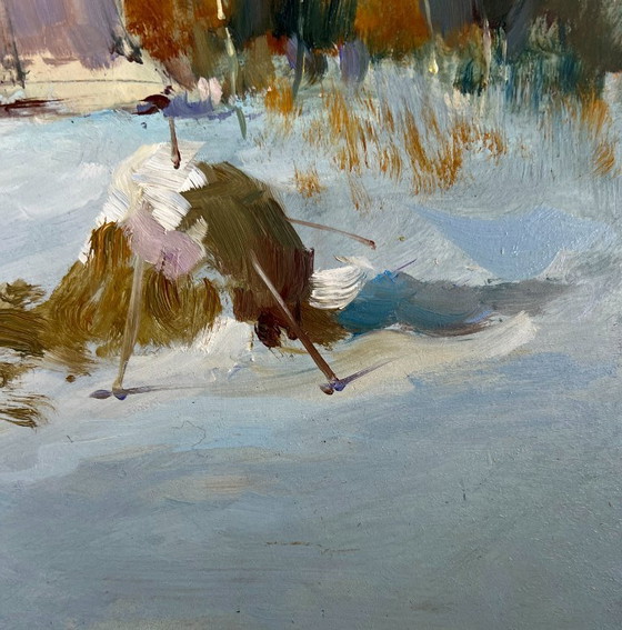 Image 1 of Origineel olieverfschilderij: Winterdorplandschap, comfort tijdens een winternacht.