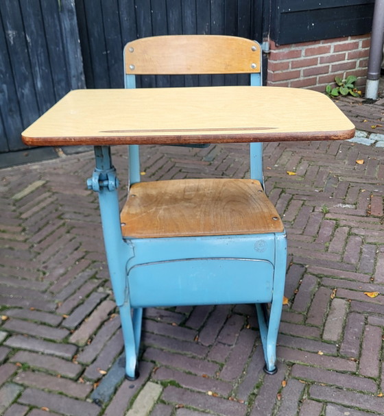 Banchetto scolastico anni '50/'60 modello "Envoy" American Seating Company, Scrivanie, Metallo, Legno, Blu (foto 3 di 14)