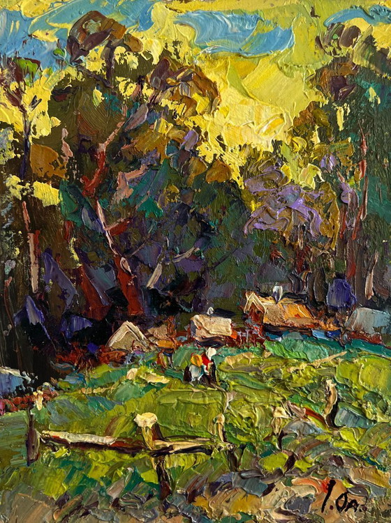 Image 1 of Original Oil Painting Evening Village Landscape Village near the forest