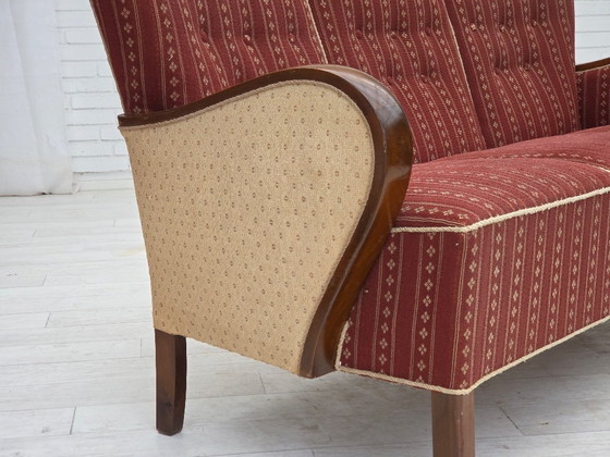 Image 1 of 1960s, Danish 3-seater sofa, red furniture wool, beech wood.