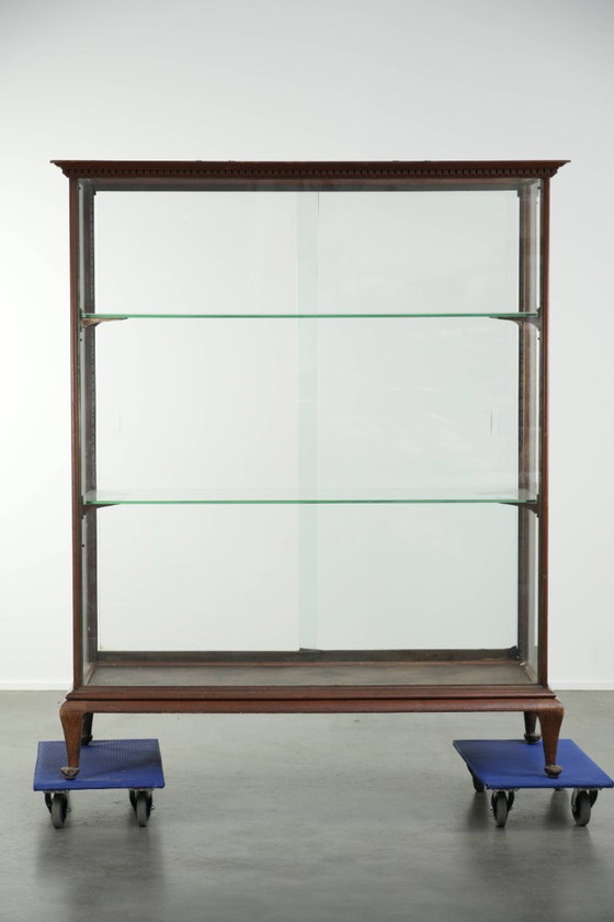 Image 1 of Large antique 19th-century English oak display cabinet/shop cabinet with multiple glass levels
