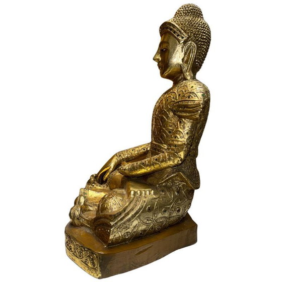 Estatua antigua de Buda Mandalay birmano – Madera dorada con incrustaciones de vidrio – Myanmar ca. 1880–1920 (photo 7 of 10)