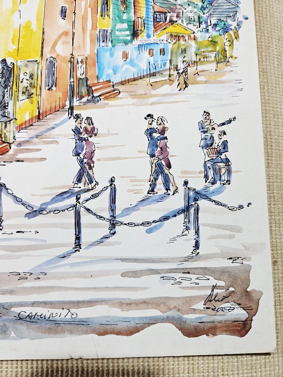 Jorge Alio, Caminito, Buenos Aires, Argentijnse Tango, 2000, Originele Aquarel – Schilderijen & Tekeningen (photo 5 of 8)
