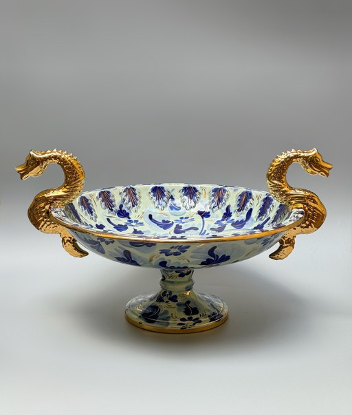 Large H. Bequet Hand-Painted Bowl with Gilded Dragon Handles