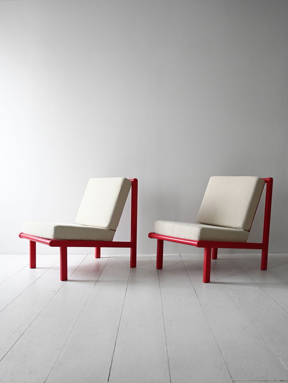 Image 1 of Paire de chaises longues scandinaves vintage, rouge cerise