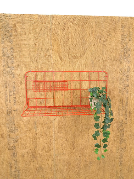 Red Metal Wall Rack With Shelf And Basket Vintage
