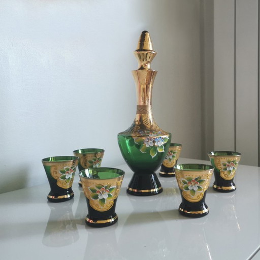MURANO GLASS BOTTLE OR FLASK AND SIX GLASSES