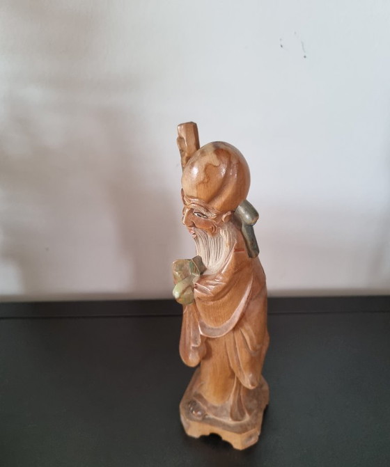 Vintage Shou Xing (Shou Lao) Houten Beeld – Decoratieve objecten, Wood (photo 4 of 5)