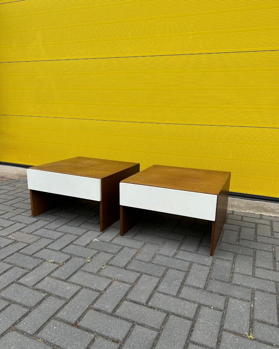 Image 1 of Vintage retro bedside tables / side table - wood veneer & white incl. drawer