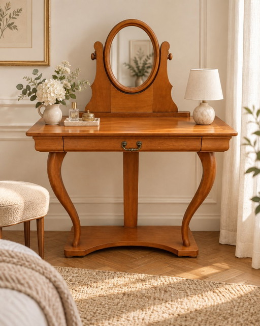 Kersenhouten console Kaptafel met draaibare ovale spiegel