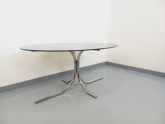 Image 1 of Vintage oval dining table in smoked glass and chrome metal, Space Age style, from the 70s