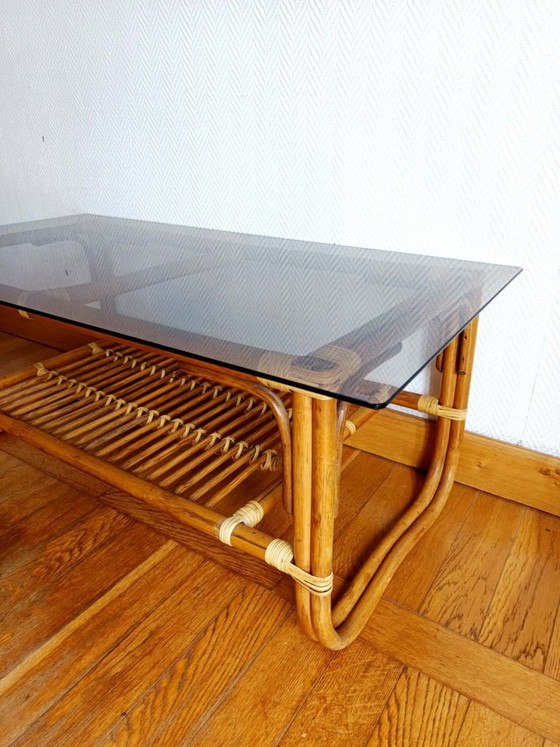 Vintage rotan salontafel uit de jaren 60 – Rattan, Glass (photo 9 of 10)