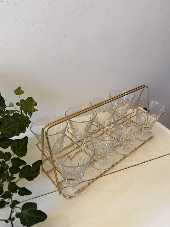 Image 1 of Set of 8 glasses in brass holder, 1950s