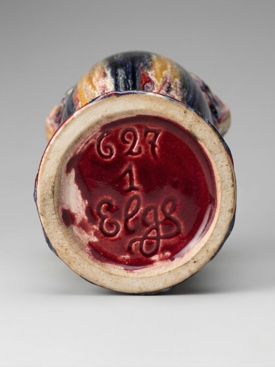 Image 1 of Grote Elgé vaas – Frans kunstkeramiek – Art Deco handgrepen – polychroom geflambeerd glazuur – 32 cm