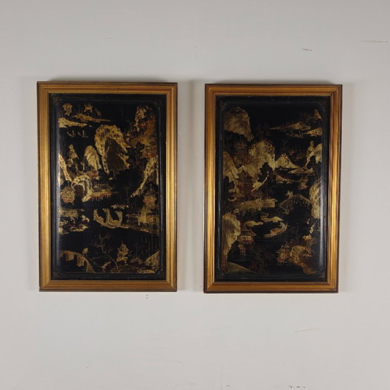 Image 1 of Impresionante par de paneles de estilo chinoiserie del siglo XIX con marcos dorados.