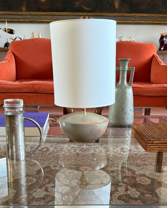 Image 1 of Pied de lampe en céramique verte, style moderne du milieu du siècle, Alain di Bin, France, années 1960