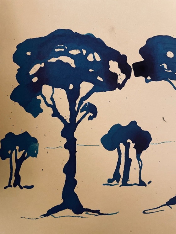 Image 1 of Dipinto ad acquerello monocromatico firmato "Pineta al crepuscolo"