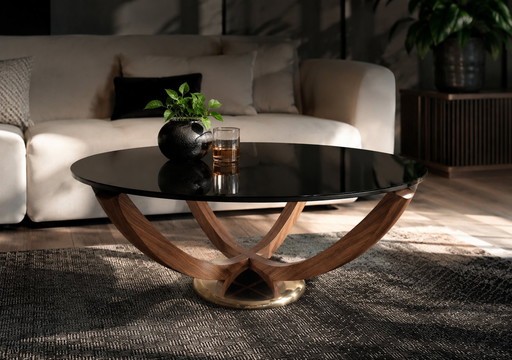 Mid-Century Couchtisch von Wilhelm Renz im Art-Déco-Stil – Glas, Massivholz & Messing
