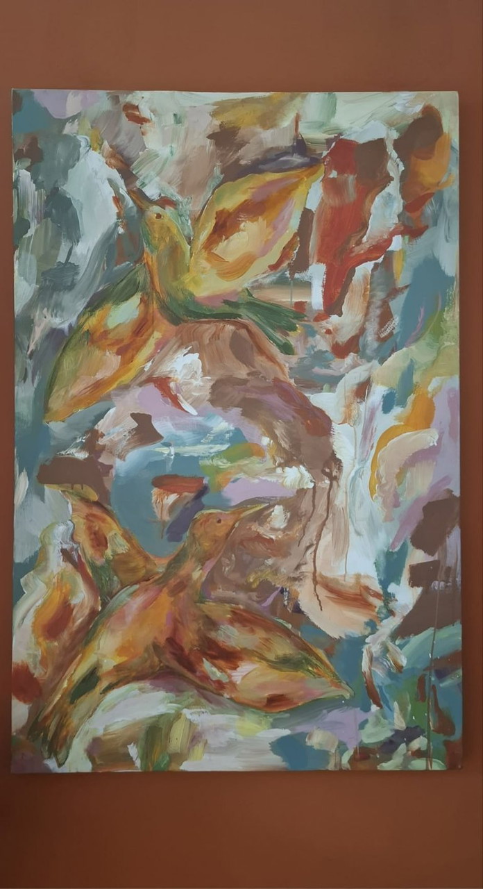 Schilderij op canvas - ''Vrije Vogels'' - kleurrijk - vogels - natuur -  warm - abstract | €288 | Whoppah, image size:696x1280