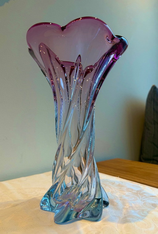 Vintage Kunstglas Vase Blau Lila gedrehte Glasvase 27 cm