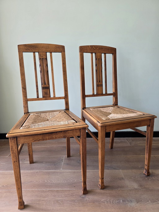 Art-Deco-Eichenstühle mit Korbsitzen, 2er-Set