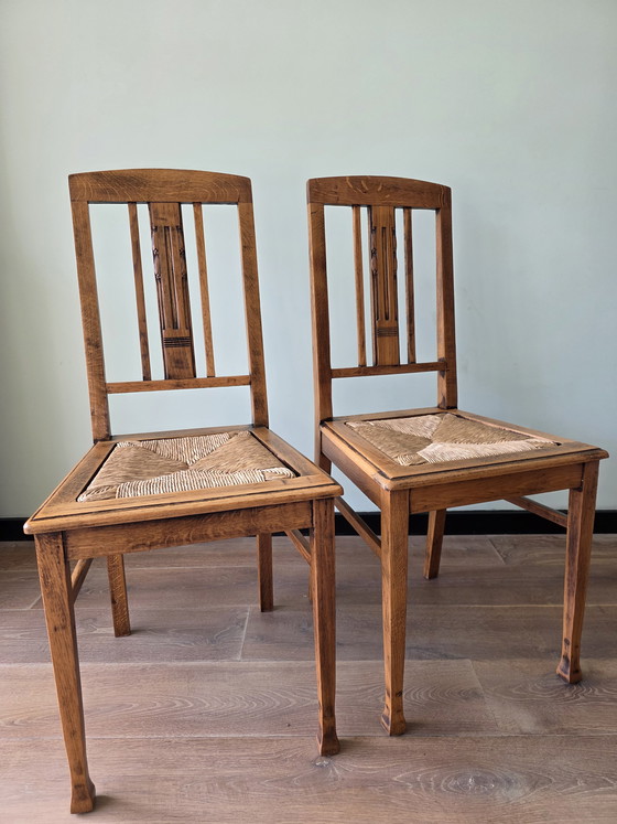 Image 1 of Art-Deco-Eichenstühle mit Korbsitzen, 2er-Set