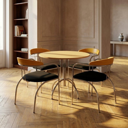 Set da pranzo, stile metà secolo, struttura in tubi cromati, anni '70