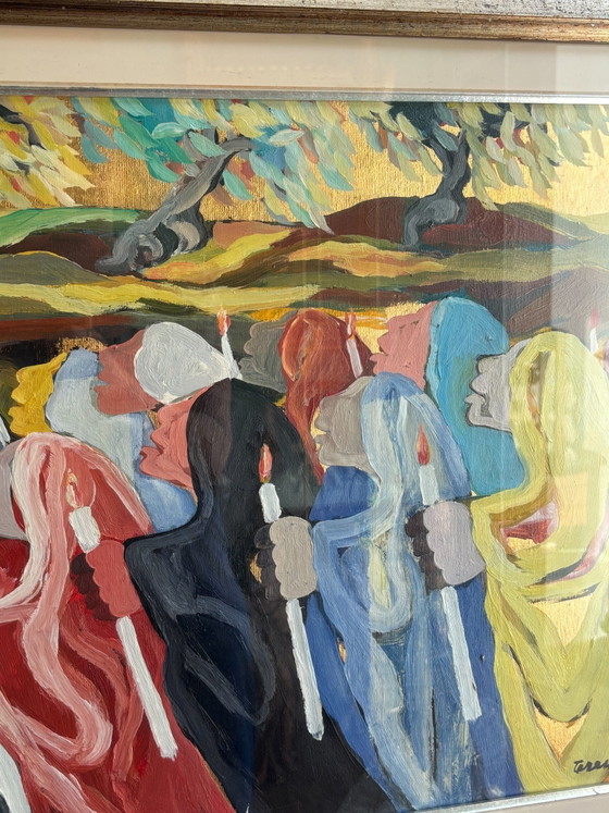 Ölgemälde auf Leinwand „Die Prozession“ von Saverio Terruso, 1970er Jahre – Gemälde & Zeichnungen, Canvas (photo 8 of 9)