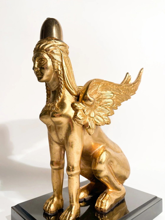 Gilt Bronze Sphinx Sculpture Resting on Marble Base, 20th Century (photo 4 of 14)