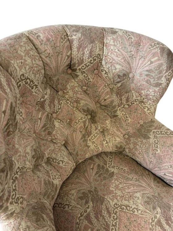 Image 1 of Fauteuil vintage rose clair à motifs floraux / une place avec franges