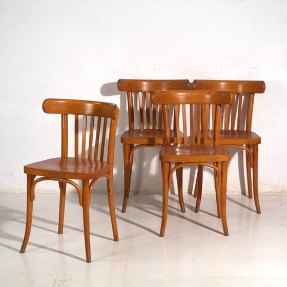 Lot de quatre Chaises de salle à manger antiques en bois courbé LIGNA – Tchécoslovaquie, circa 1960 #6 (photo 7 of 40)