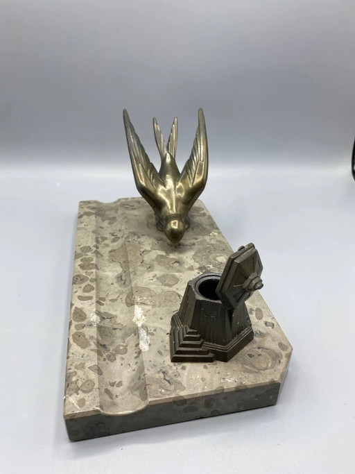 Art Deco Desk Inkwell, Gilt Bronze Swallow, Griotte Marble Base, – decoratieve objecten (photo 2 of 6)