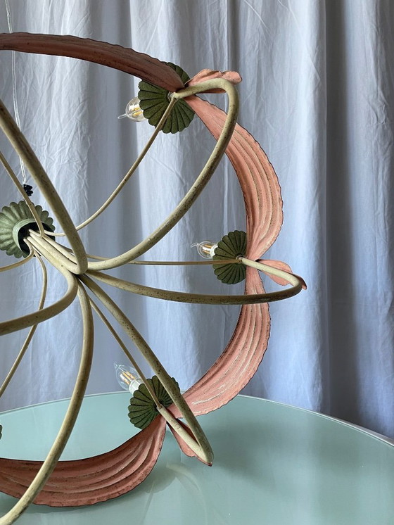 Image 1 of Vintage kroonluchter in romantische stijl met 6 armen, gemaakt van geëmailleerd plaatmetaal, Italië 1950.