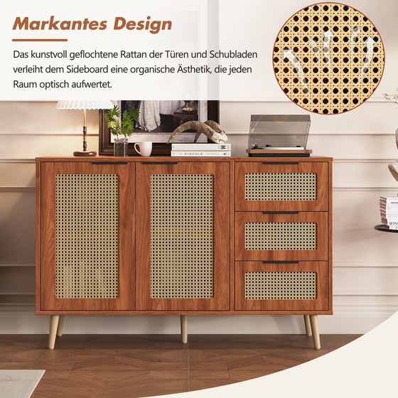 Image 1 of Urban Meuble vintage dressoir van rotan in walnoot houtlook met 2 deuren en 3 lades met zwarte handgrepen 120*38*78cm CRI