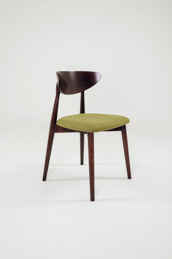 Image 1 of Eetkamerstoelen set van 4 Donker hout, bekleding van groene wol