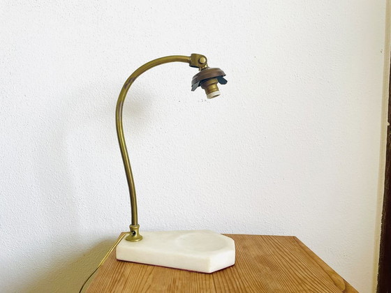 Image 1 of Elegant swan neck adjustable table lamp with marble base and glass tulip lampshade, 1960s