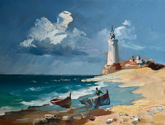 Image 1 of Peinture à l'huile originale, paysage marin d'été, bateaux au phare