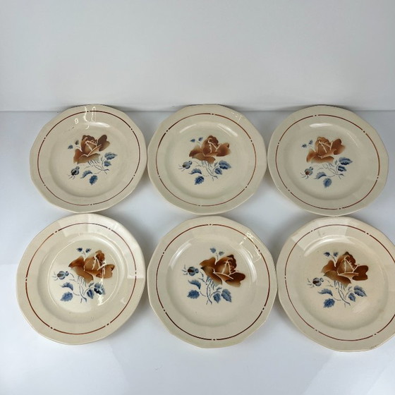 Image 1 of Set of 6 Sarreguemines Dessert Plates with Floral Motif, First Half of the 20th Century